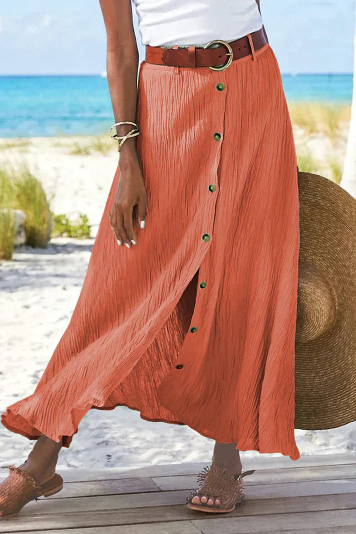 Coral Women's High-Waist Maxi Skirt with Button Front - Linen Style
