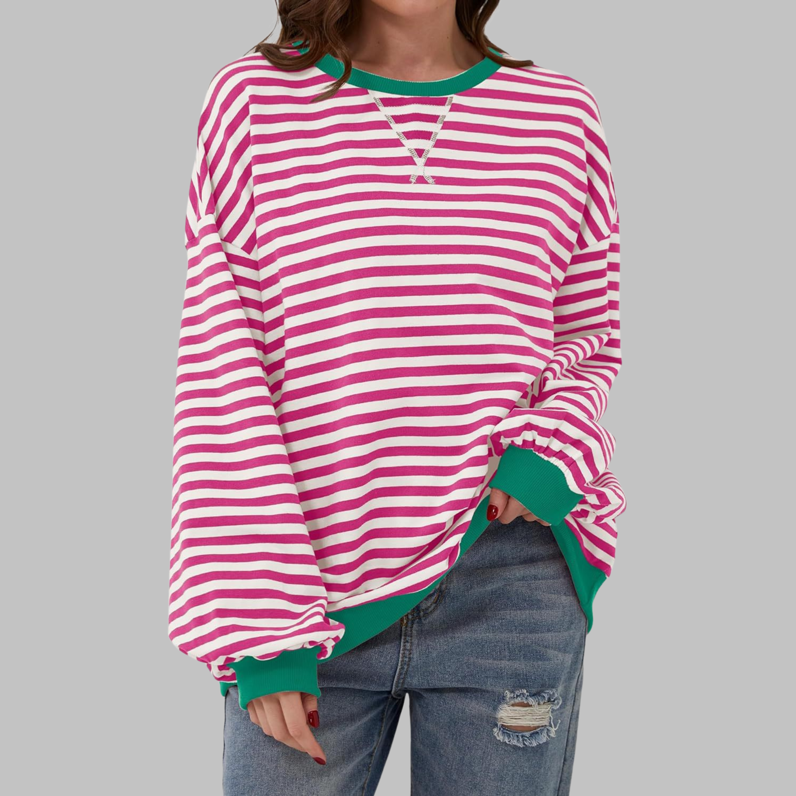 Poppy | Women's Oversized Striped Crewneck Sweatshirt with Long Sleeves