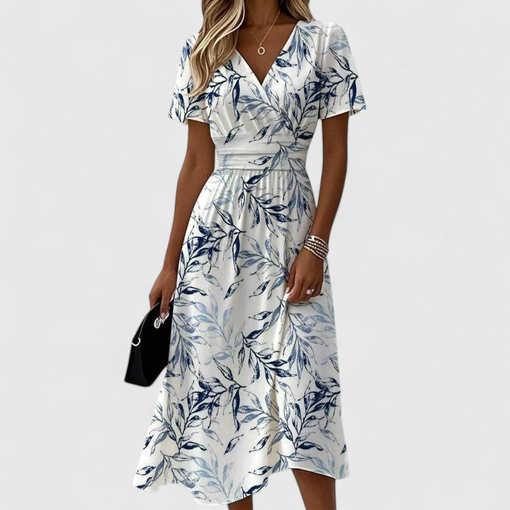 Flora | Women's Midi Dress with Floral Print, V-Neck Wrap, and Flutter Sleeves