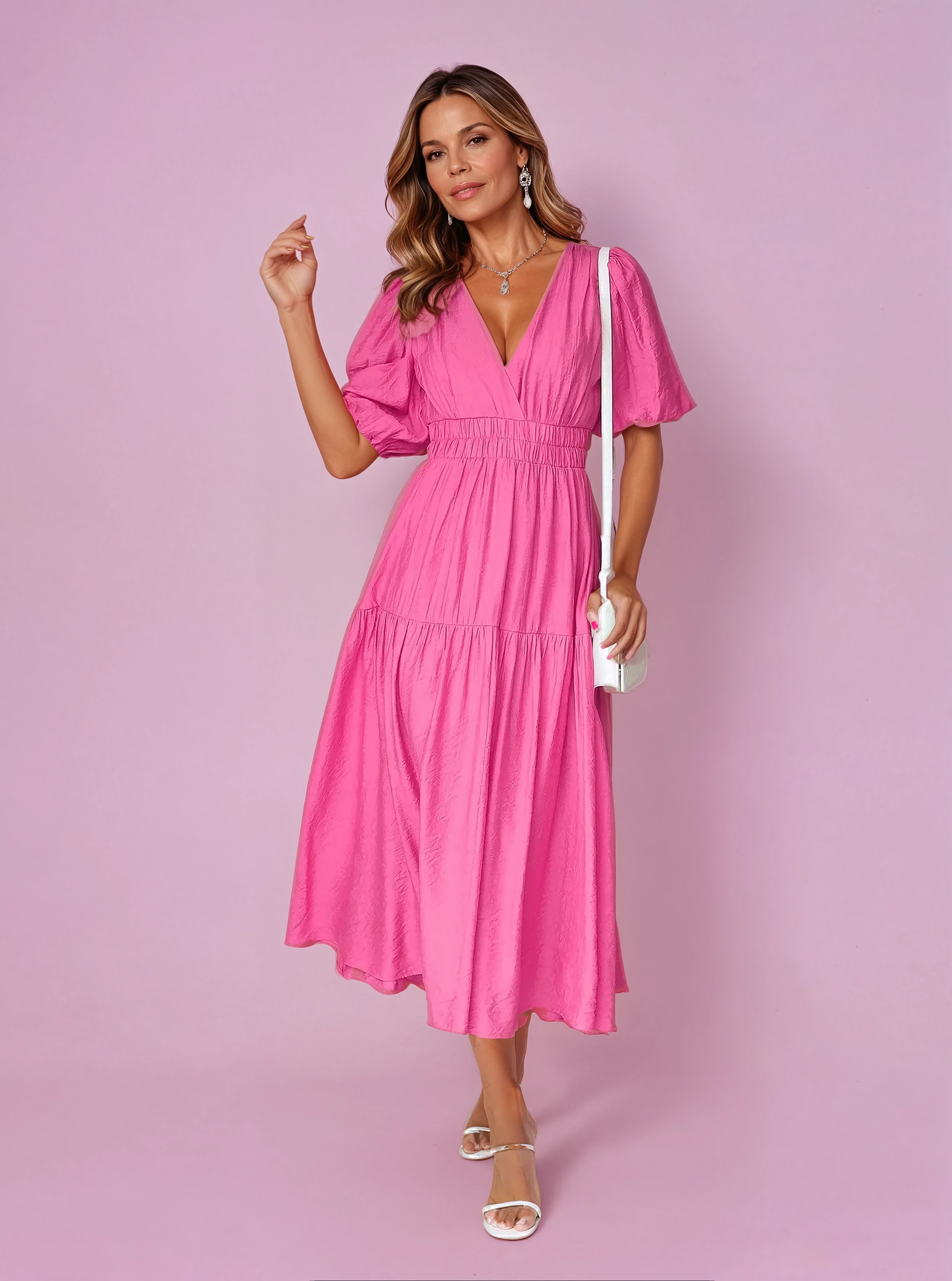 Noelle | Women's Midi Dress with V-Neck and Puff Sleeves Featuring Smocked Waist