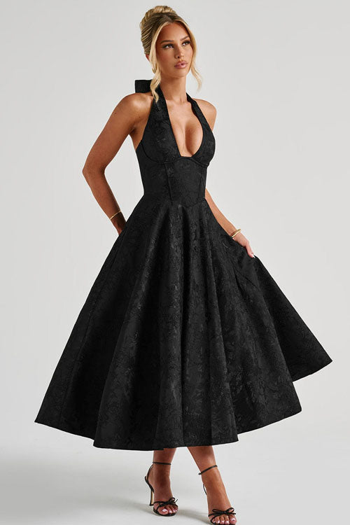 Genevieve™ | Sleeveless Jacquard Maxi Dress with V-Neck Halterneck