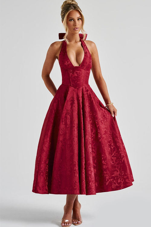 Genevieve™ | Sleeveless Jacquard Maxi Dress with V-Neck Halterneck