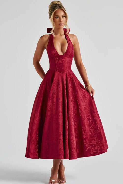 Genevieve™ | Sleeveless Jacquard Maxi Dress with V-Neck Halterneck