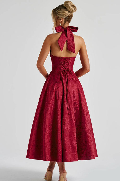 Genevieve™ | Sleeveless Jacquard Maxi Dress with V-Neck Halterneck