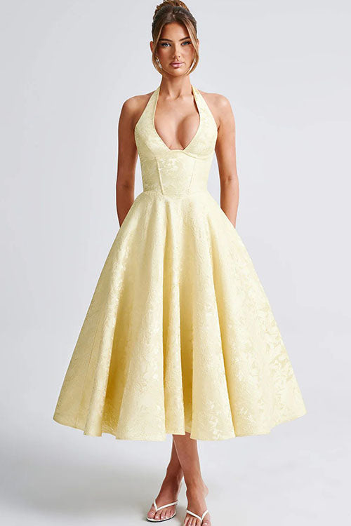 Genevieve™ | Sleeveless Jacquard Maxi Dress with V-Neck Halterneck