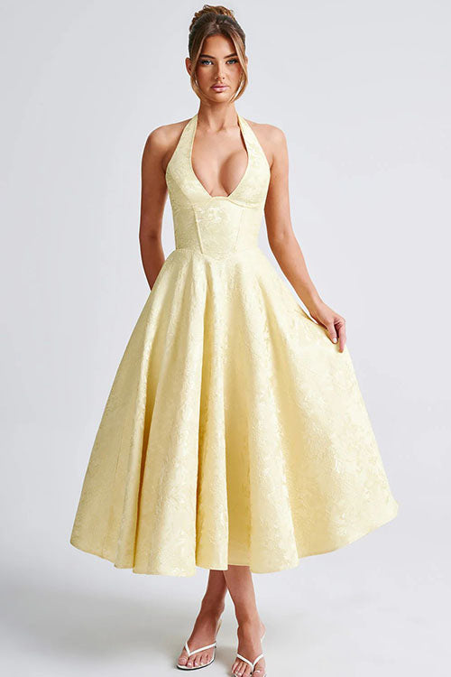 Genevieve™ | Sleeveless Jacquard Maxi Dress with V-Neck Halterneck Design