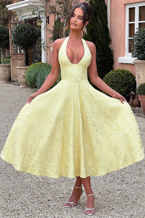 Genevieve™ | Sleeveless Jacquard Maxi Dress with V-Neck Halterneck