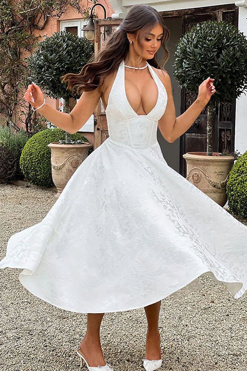 Genevieve™ | Sleeveless Jacquard Maxi Dress with V-Neck Halterneck Design