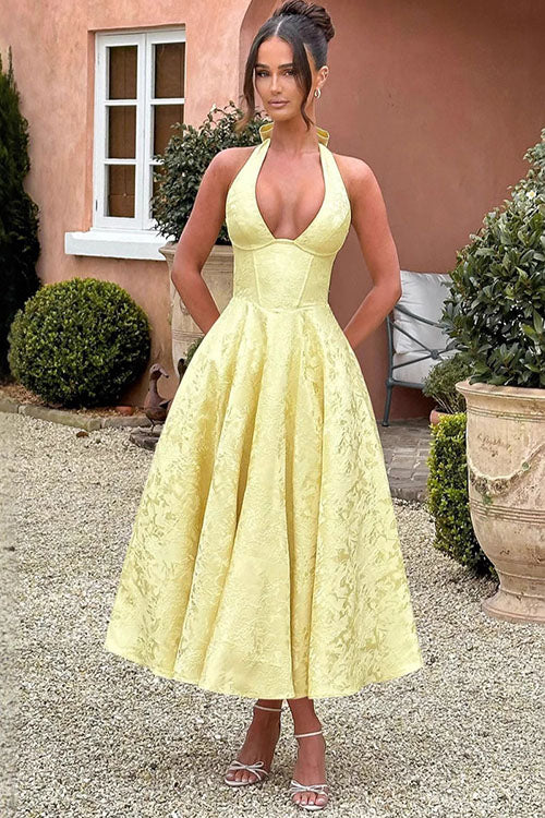 Genevieve™ | Sleeveless Jacquard Maxi Dress with V-Neck Halterneck