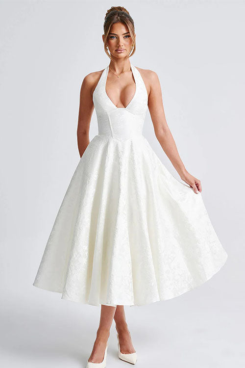 Genevieve™ | Sleeveless Jacquard Maxi Dress with V-Neck Halterneck