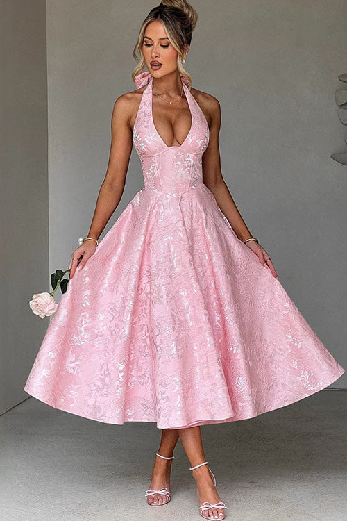 Genevieve™ | Sleeveless Jacquard Maxi Dress with V-Neck Halterneck Design