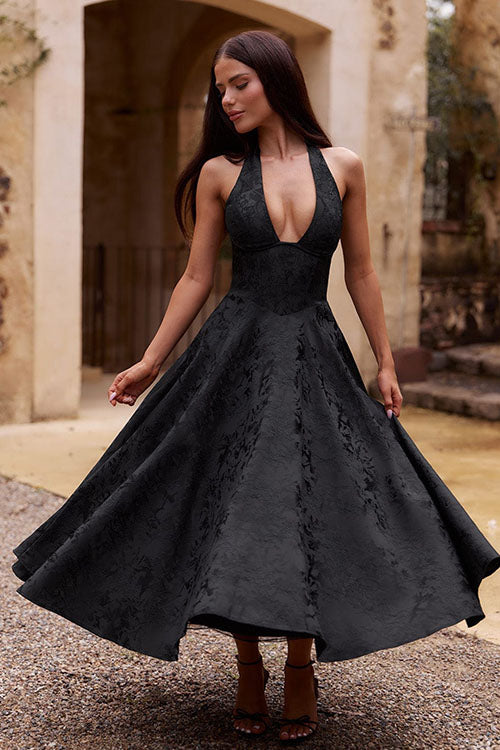 Genevieve™ | Sleeveless Jacquard Maxi Dress with V-Neck Halterneck