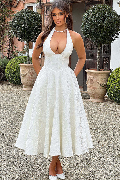 Genevieve™ | Sleeveless Jacquard Maxi Dress with V-Neck Halterneck