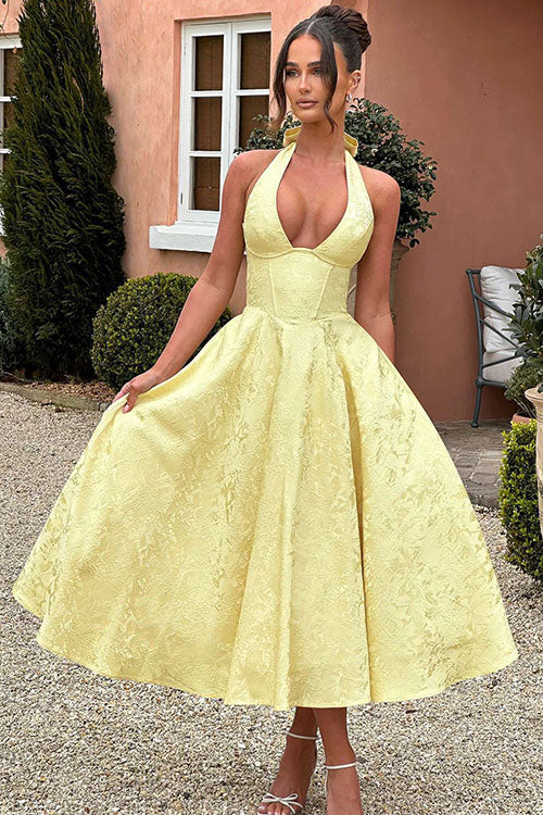 Genevieve™ | Sleeveless Jacquard Maxi Dress with V-Neck Halterneck Design