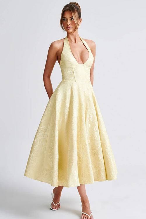 Genevieve™ | Sleeveless Jacquard Maxi Dress with V-Neck Halterneck Design
