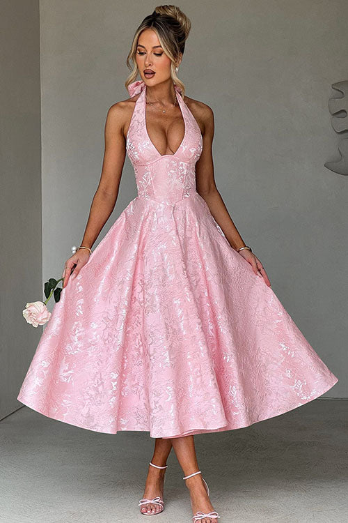 Genevieve™ | Sleeveless Jacquard Maxi Dress with V-Neck Halterneck Design
