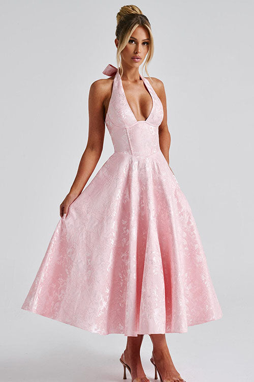 Genevieve™ | Sleeveless Jacquard Maxi Dress with V-Neck Halterneck Design