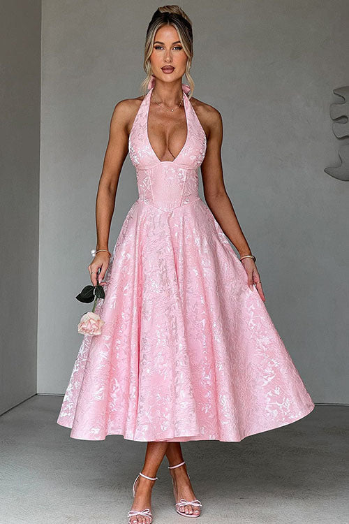 Genevieve™ | Sleeveless Jacquard Maxi Dress with V-Neck Halterneck Design