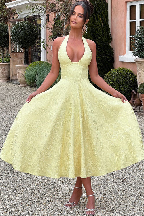 Genevieve™ | Sleeveless Jacquard Maxi Dress with V-Neck Halterneck Design