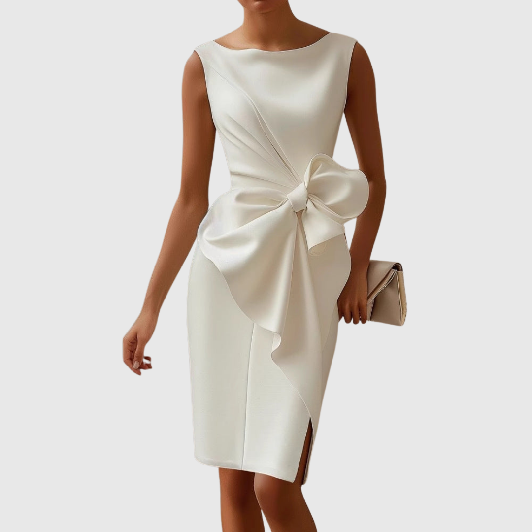 Eloise | Women's Sleeveless Midi Dress with Boat Neck and Bow Accent