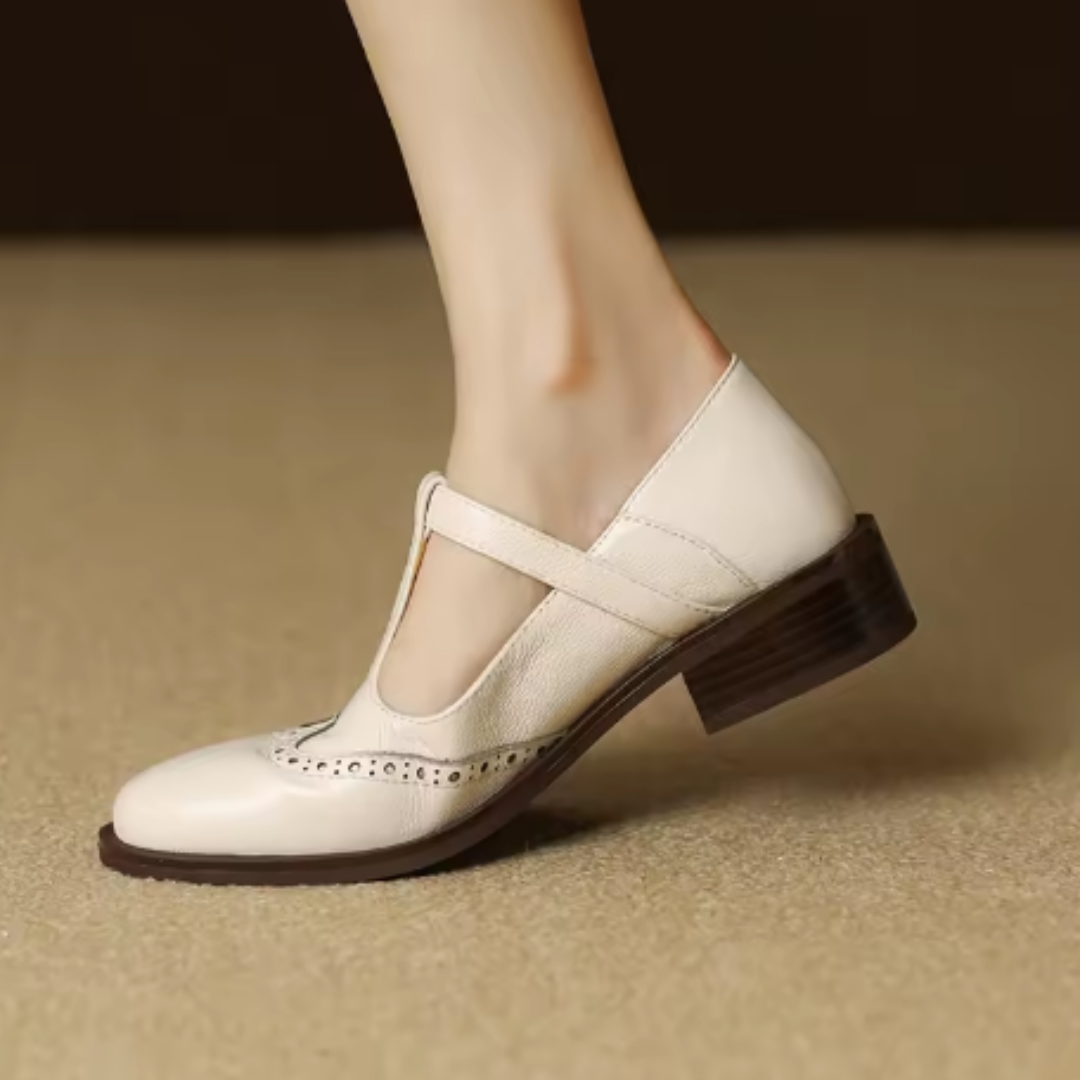 Nadine | Women's Leather T-Strap Mary Jane Shoes with Low Block Heel