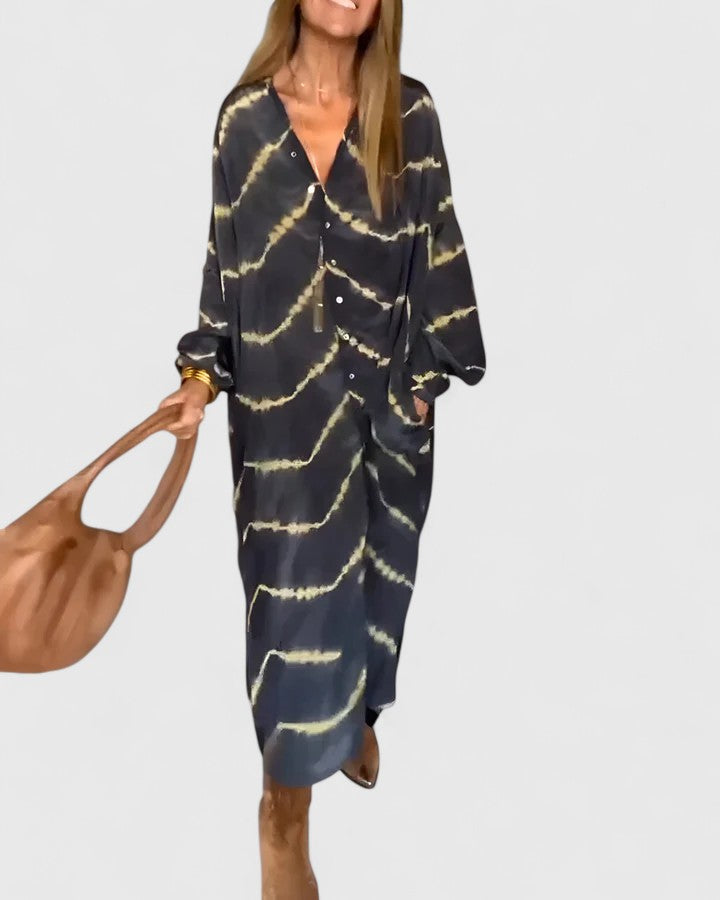 Nova | Women's Midi Shirt Dress with Tie-Dye Print and Button-Down Design