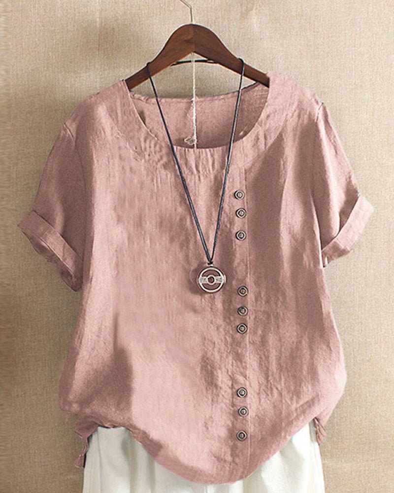 Linen Women's Casual Short Sleeve Top with Button Front and Crew Neck