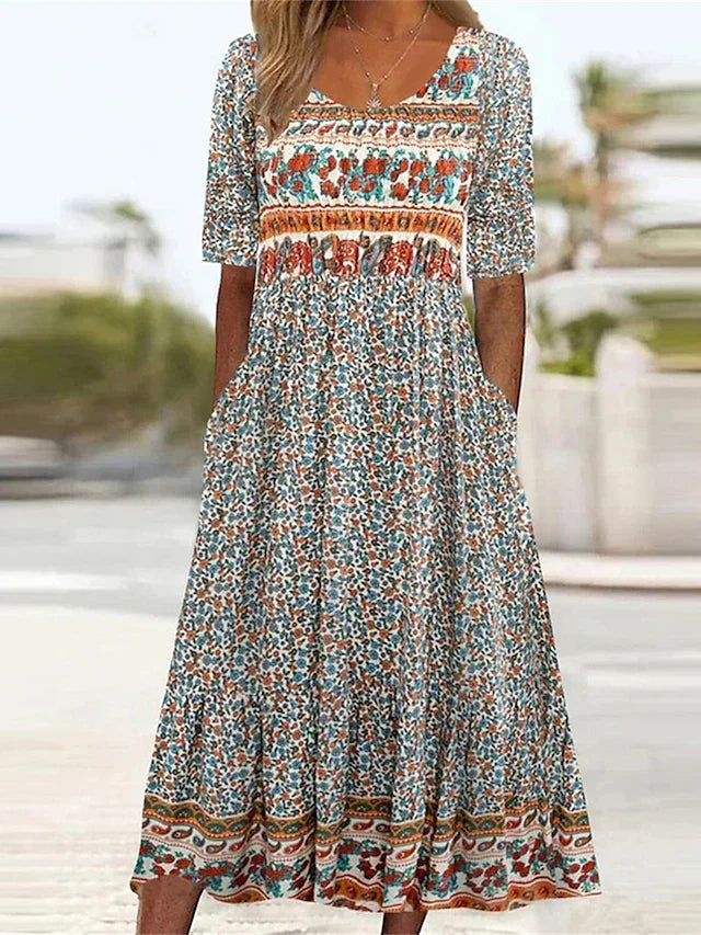 Janine™ Bohemian Print Dress with Round Neck