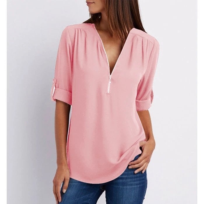 Rosé | Women's Casual Zip-Up V-Neck Blouse with Half Sleeves