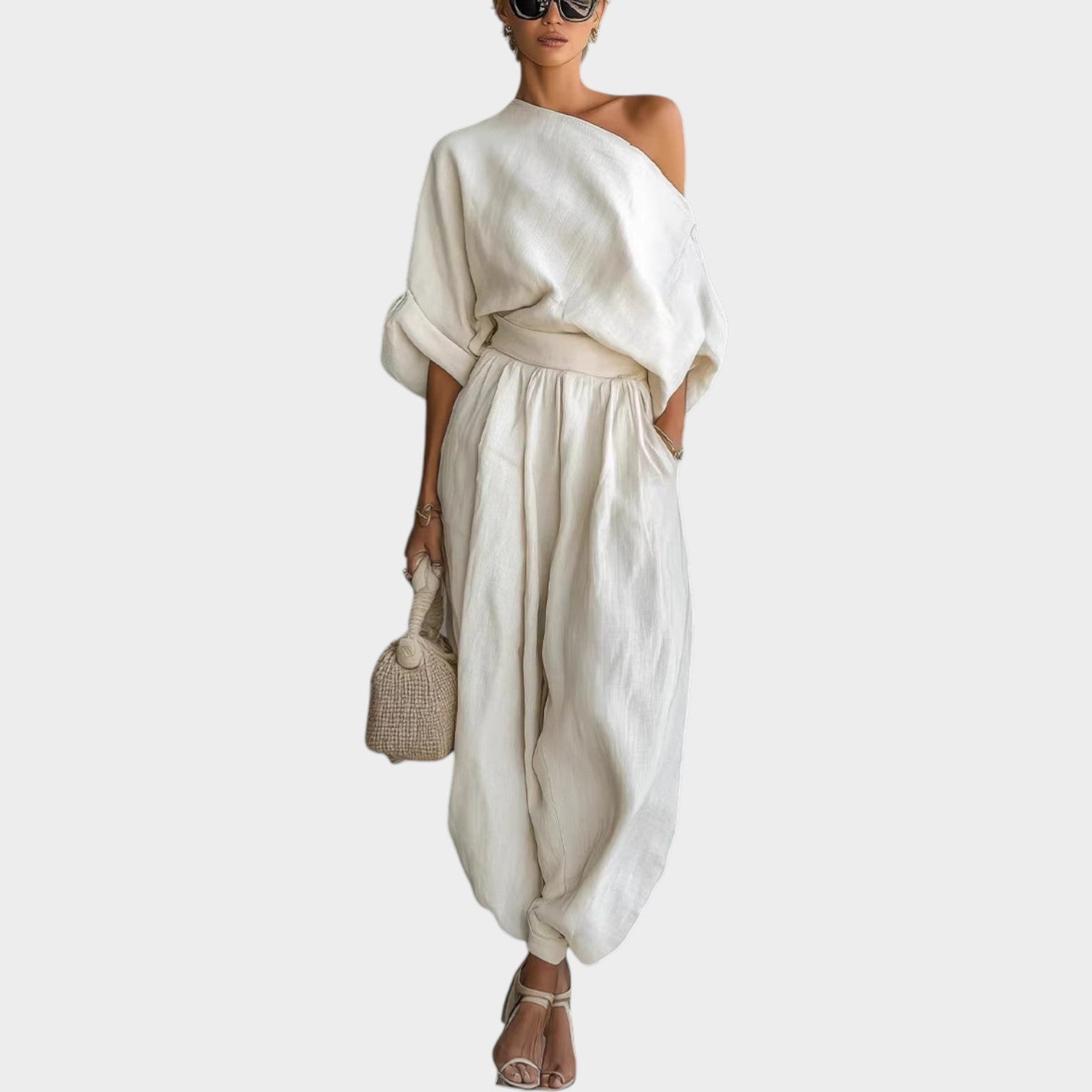 Chic One-Shoulder Linen Two-Piece Set