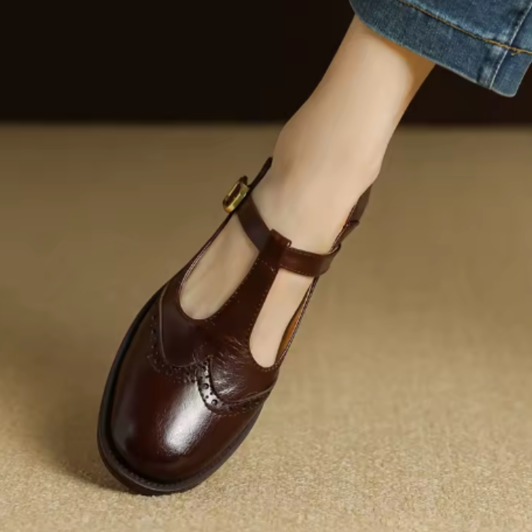 Nadine | Women's Leather T-Strap Mary Jane Shoes with Low Block Heel