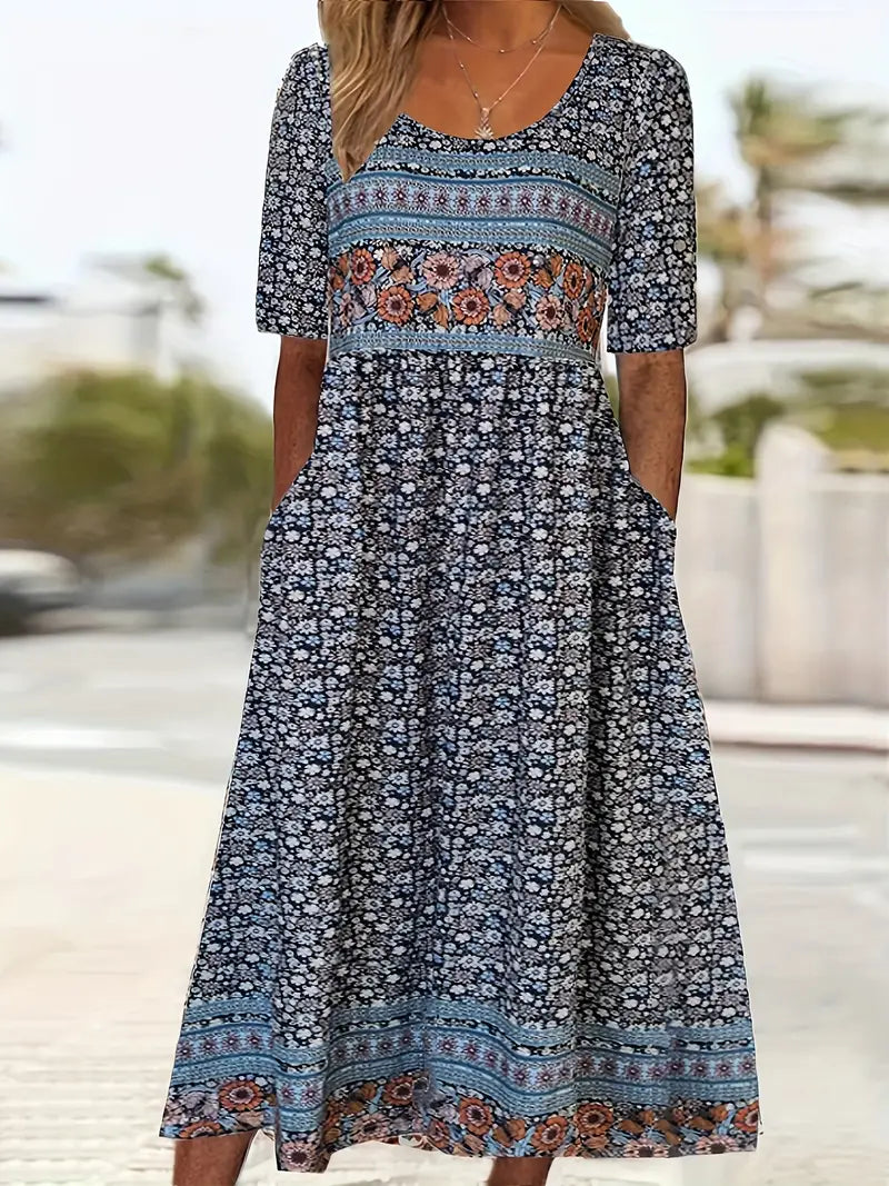 Janine™ Bohemian Print Dress with Round Neck