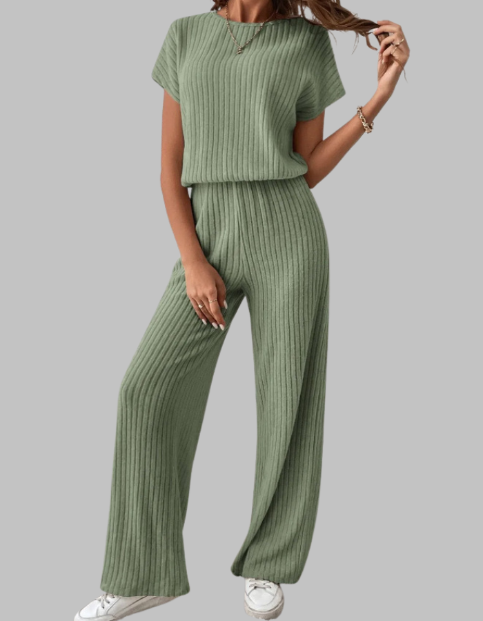 Nora | Women's Ribbed Two-Piece Set: Short Sleeve Top & Wide Leg Pants