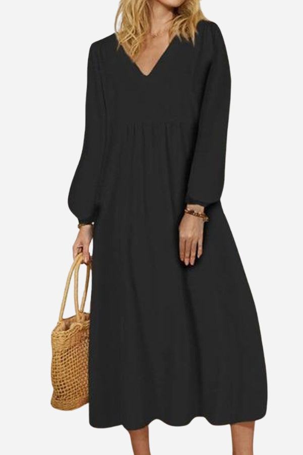 Autumn Women's Midi Dress with V-Neck, Smocked Waist, and Balloon Sleeves