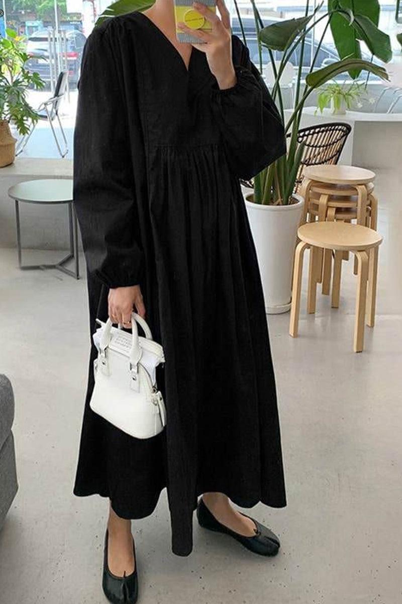 Autumn Women's Midi Dress with V-Neck, Smocked Waist, and Balloon Sleeves