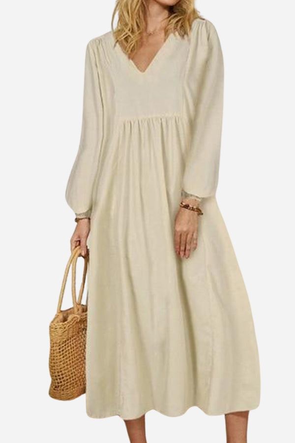 Autumn Women's Midi Dress with V-Neck, Smocked Waist, and Balloon Sleeves