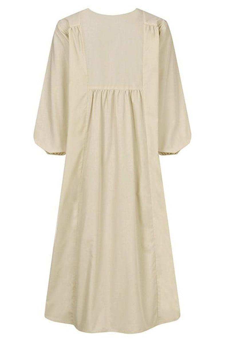 Autumn Women's Midi Dress with V-Neck, Smocked Waist, and Balloon Sleeves