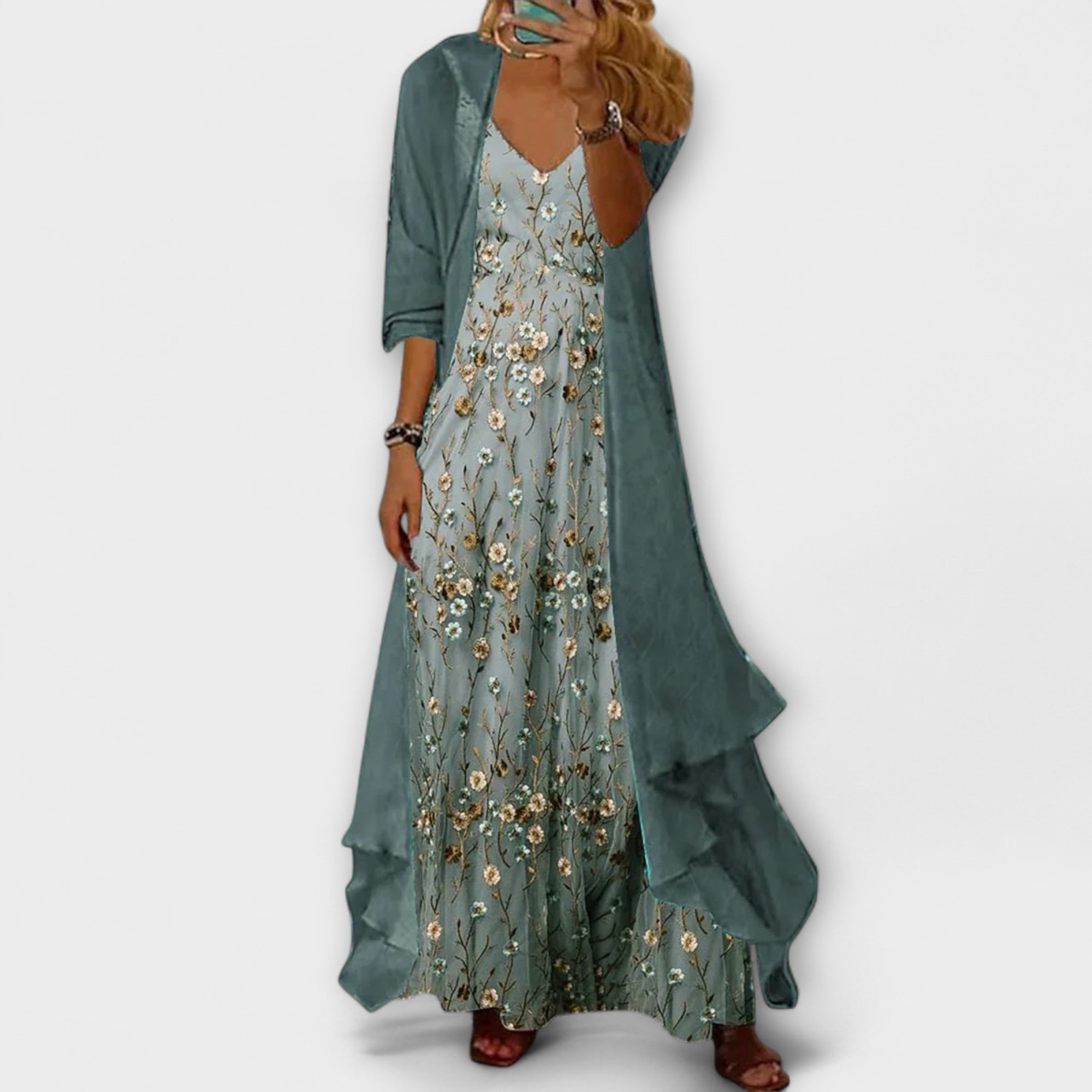Willow | Women's Floral Maxi Dress and Longline Cardigan Ensemble