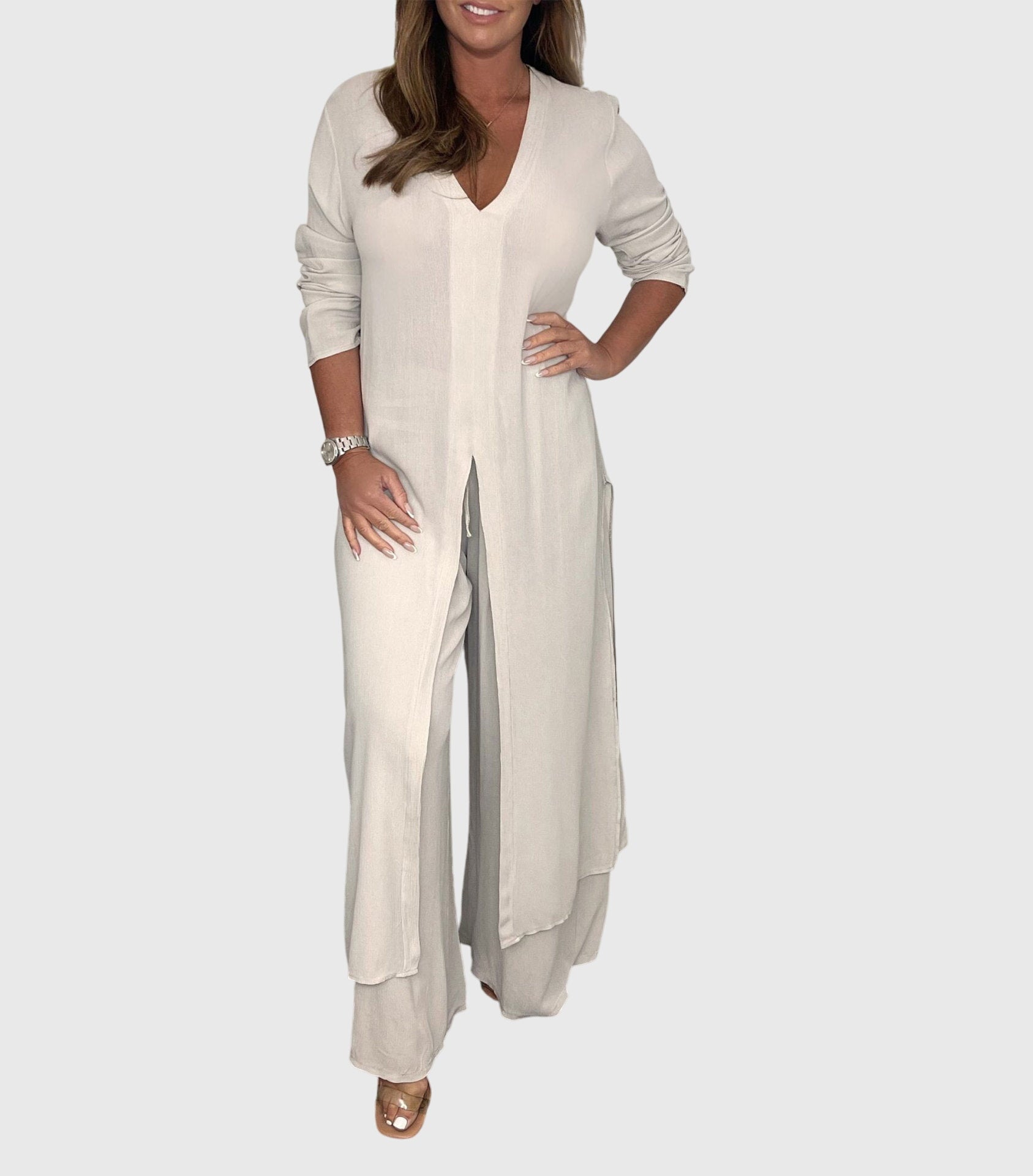 Pearl | Women's Two-Piece Duster Cardigan and Wide Leg Pants Set