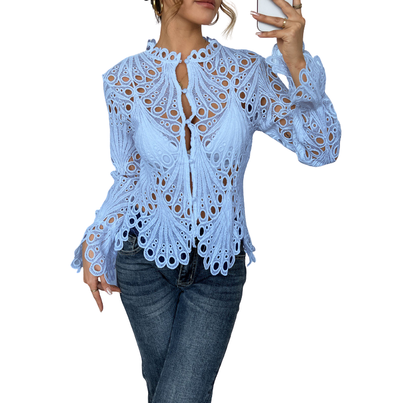 Bianca | Women's Long Sleeve Lace Cutwork Hollow Out Blouse