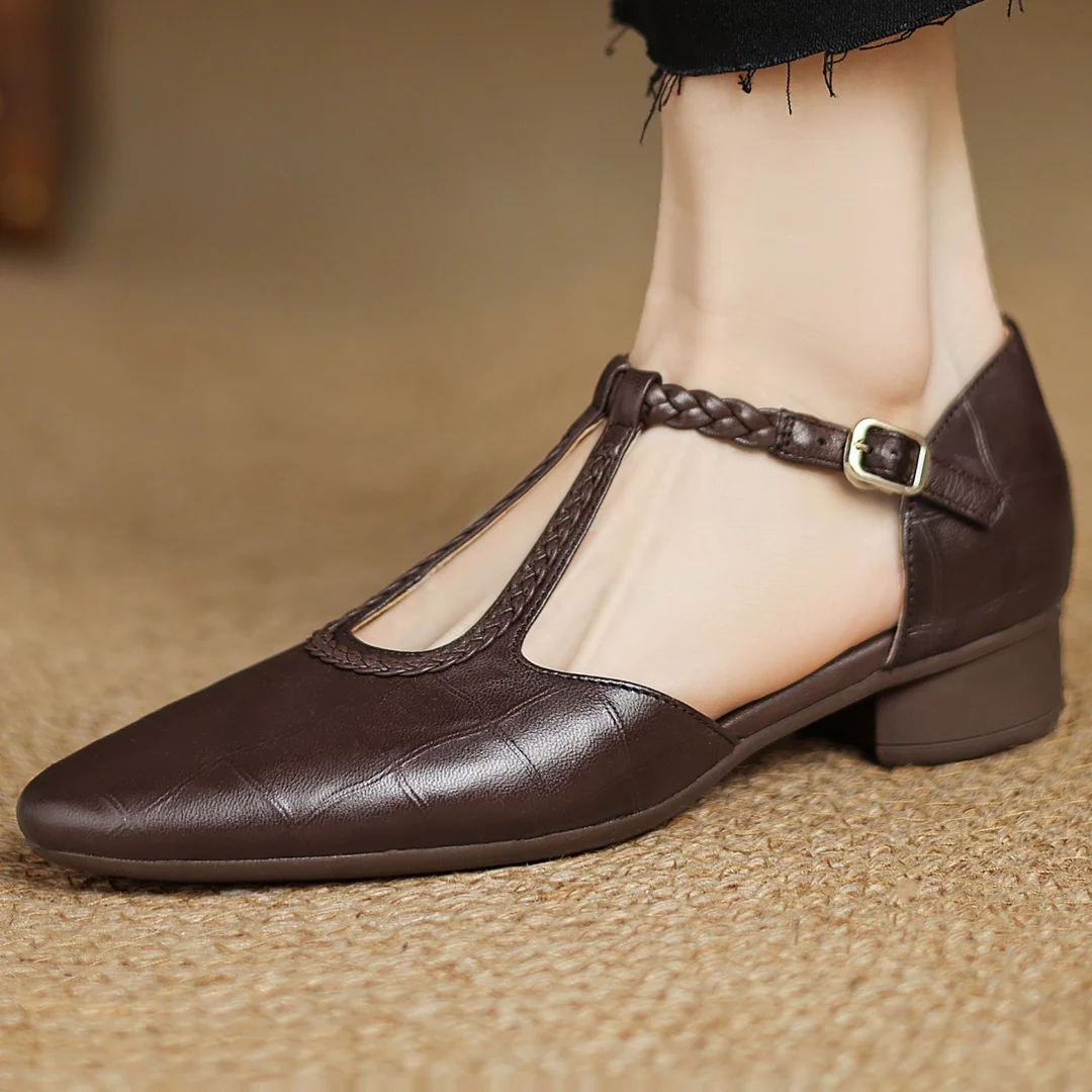 Margot | Women's Pointed Toe Leather T-Strap Mary Jane Flats