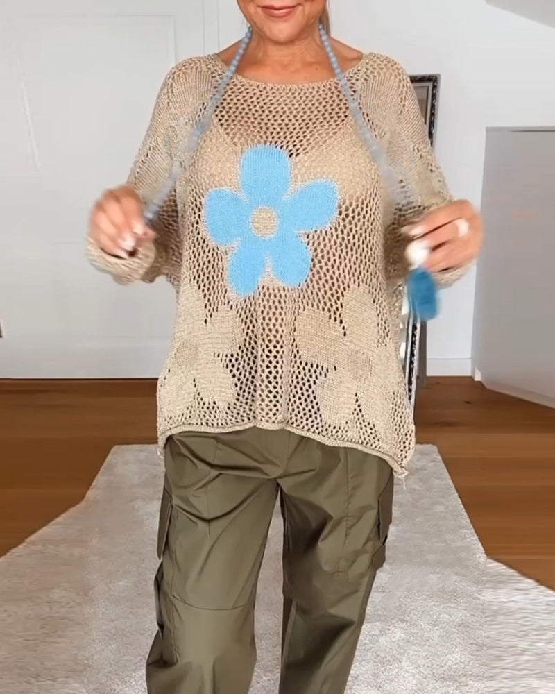 Bloom | Women's Floral Crochet Long Sleeve Top with Open Weave