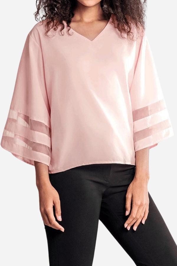 Celeste | Women's V-Neck Blouse with Bell Sleeves and Mesh Panel Accents