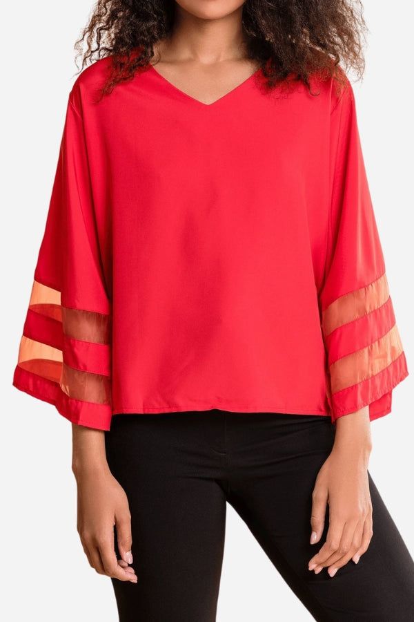 Celeste | Women's V-Neck Blouse with Bell Sleeves and Mesh Panel Accents