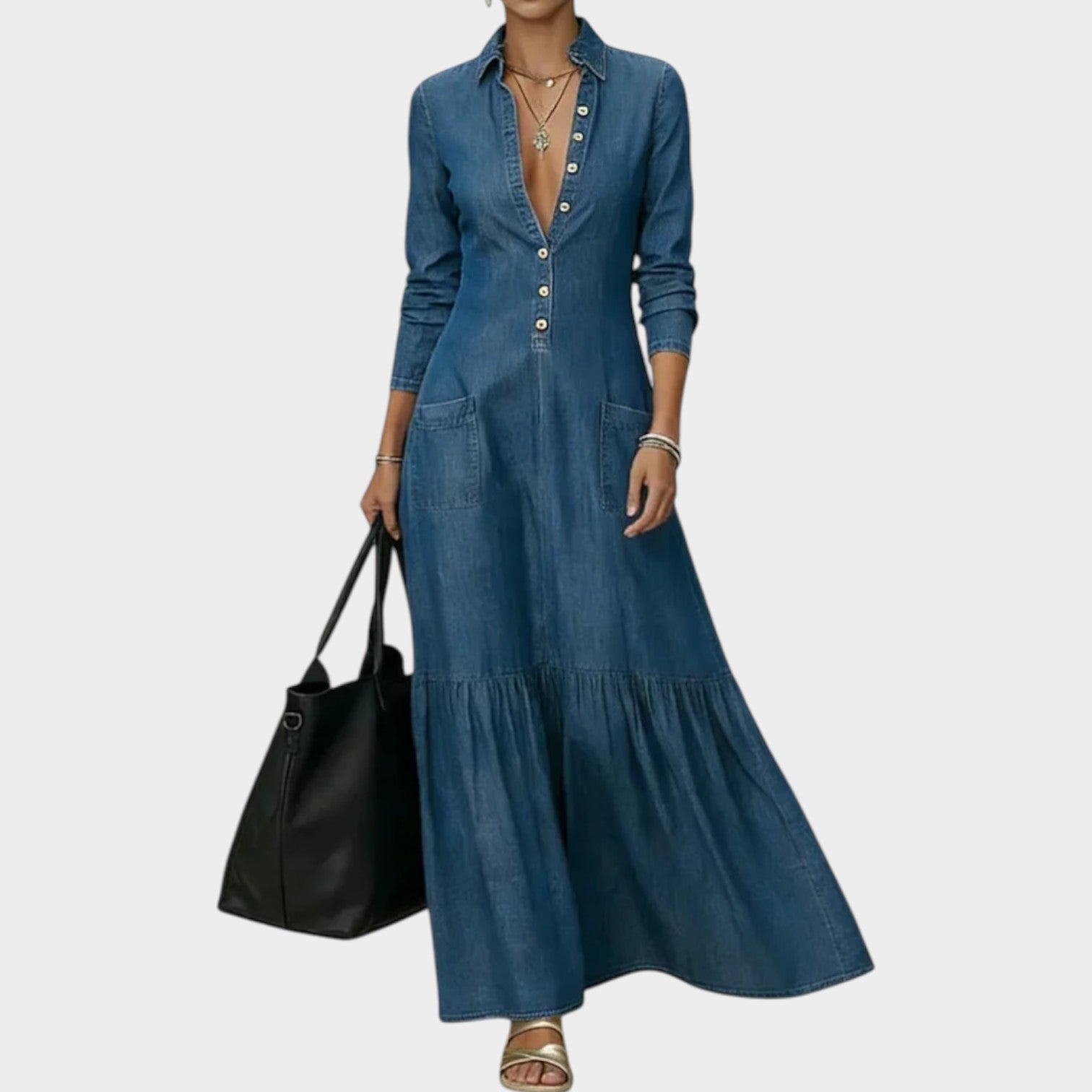 Flattering Button-Front Denim Maxi Dress