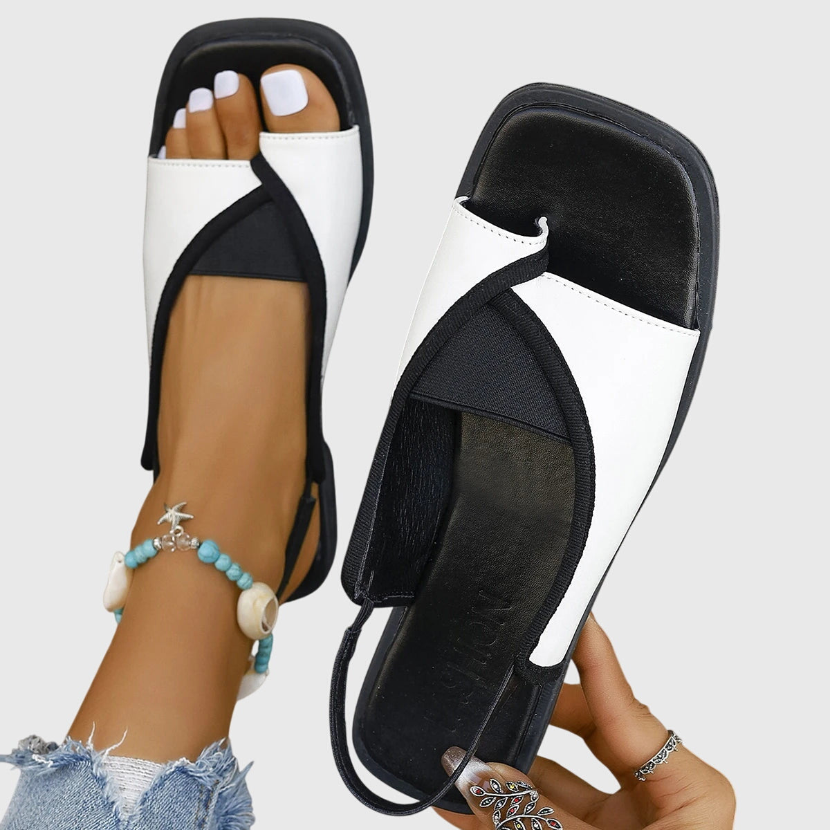Zara | Women's Colorblock Square Toe Slip-On Flat Sandals