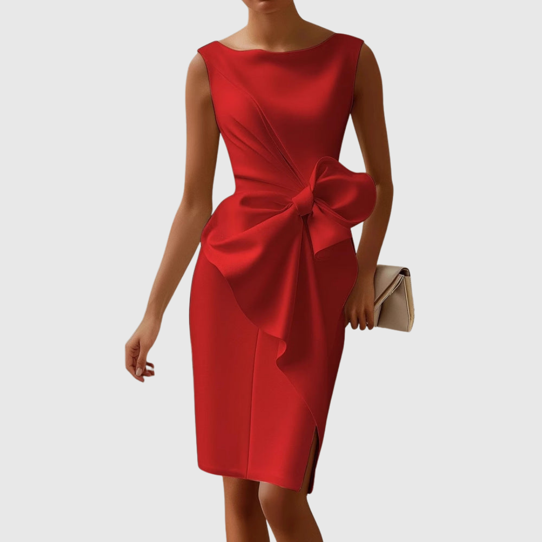 Eloise | Women's Sleeveless Midi Dress with Boat Neck and Bow Accent