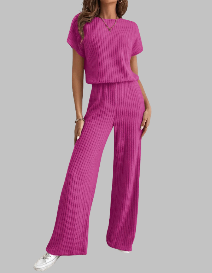 Nora | Women's Ribbed Two-Piece Set: Short Sleeve Top & Wide Leg Pants