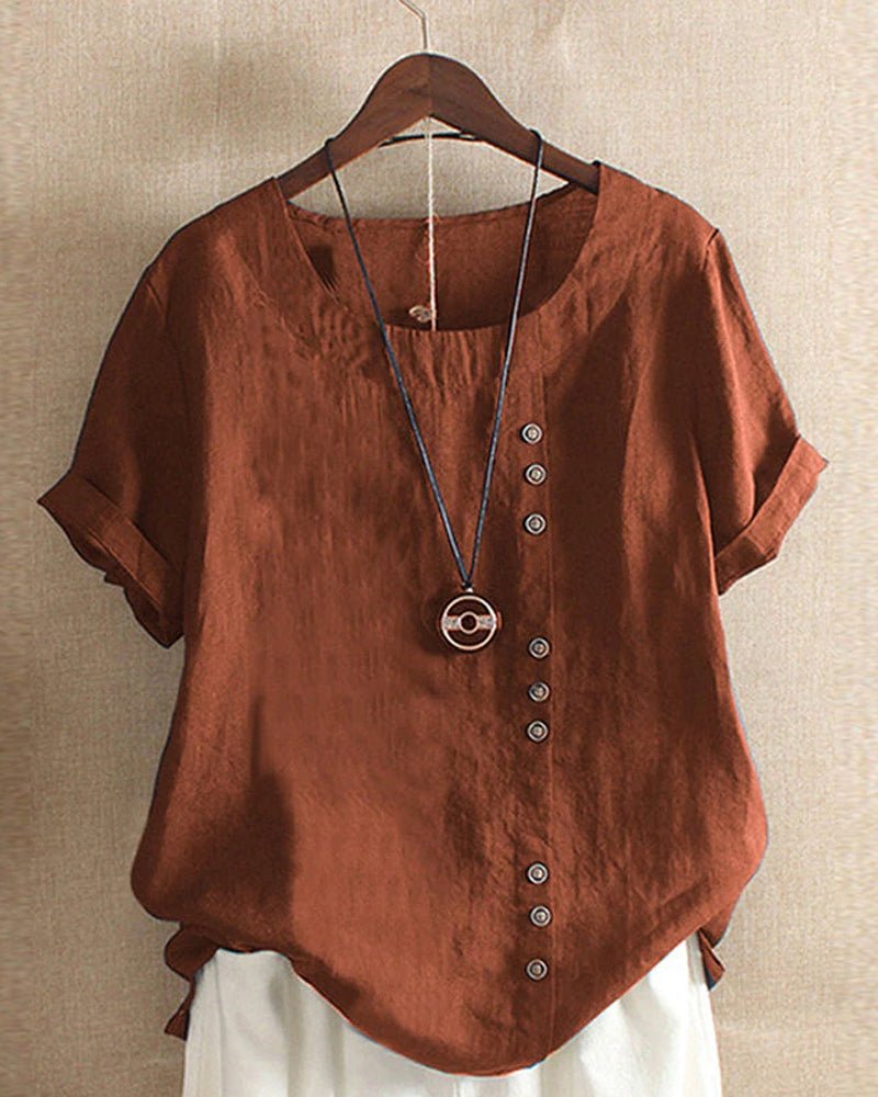 Linen Women's Casual Short Sleeve Top with Button Front and Crew Neck
