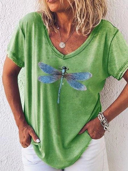 Luna | Women's Casual V-Neck Tee with Dragonfly Print - Short Sleeve
